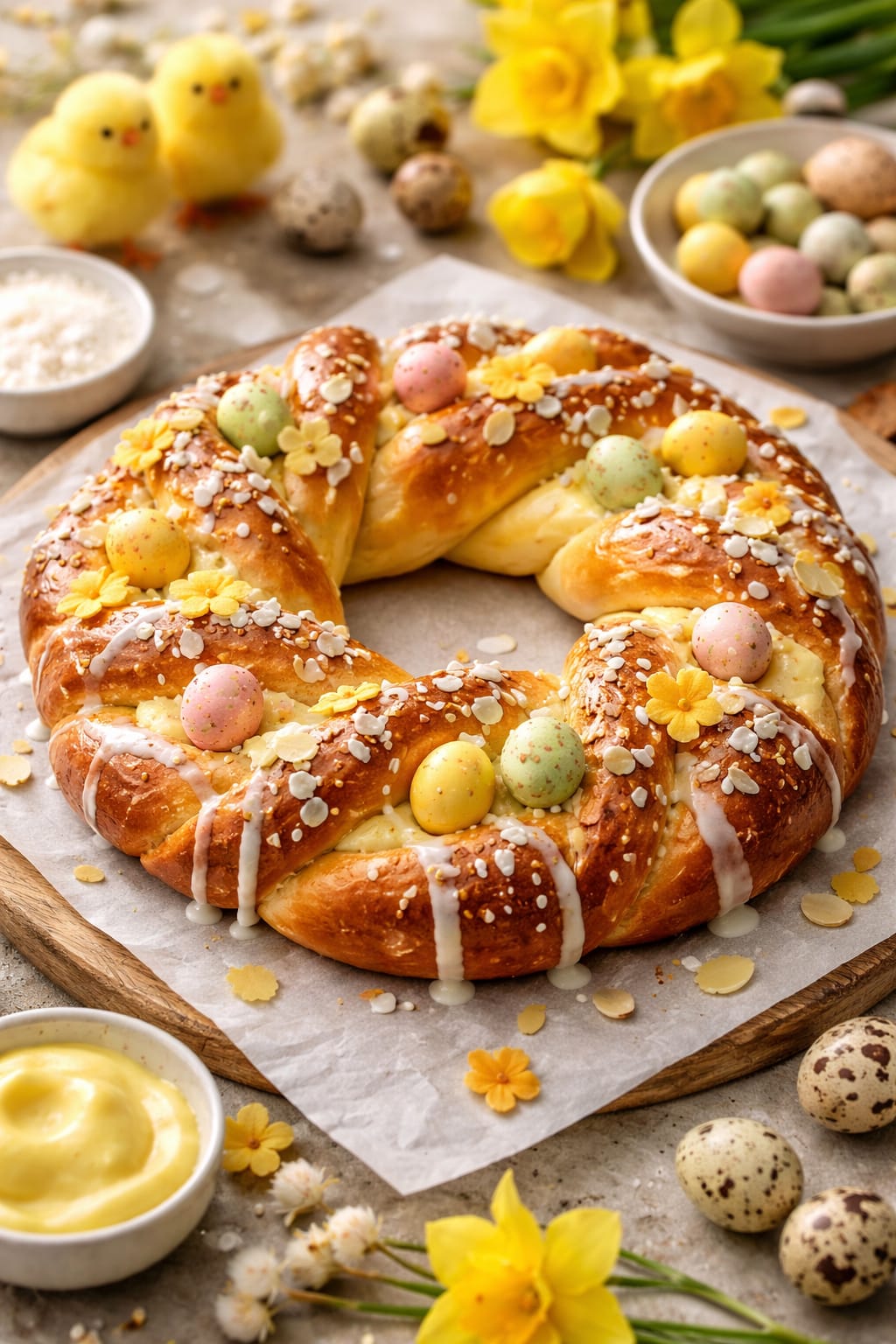 Bunt dekorierter Osterkranz